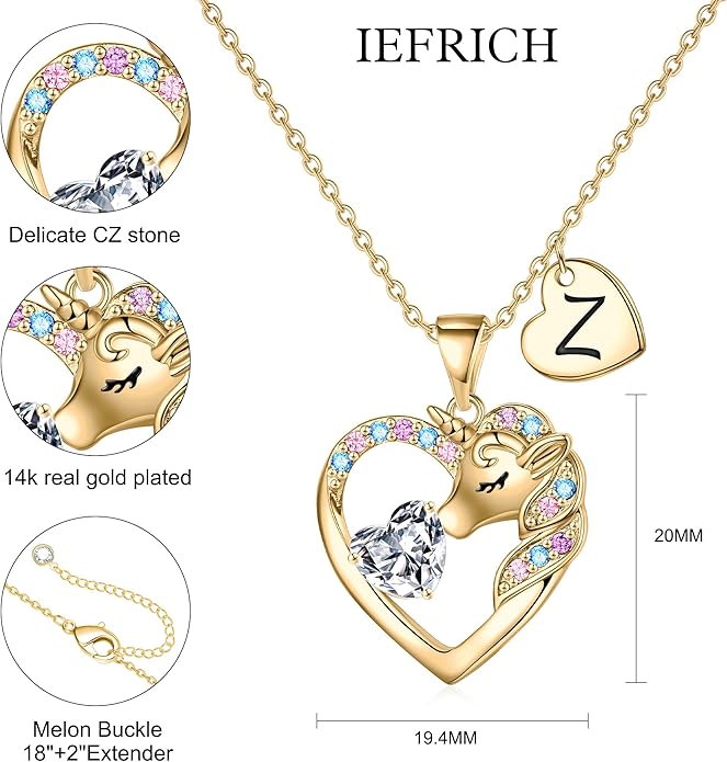 Unicorn Necklace Gifts for Girls Kids - Colorful CZ Heart Initial Necklaces Unicorn Necklace for Girls Jewelry Birthday Gifts for Little Girl Kids