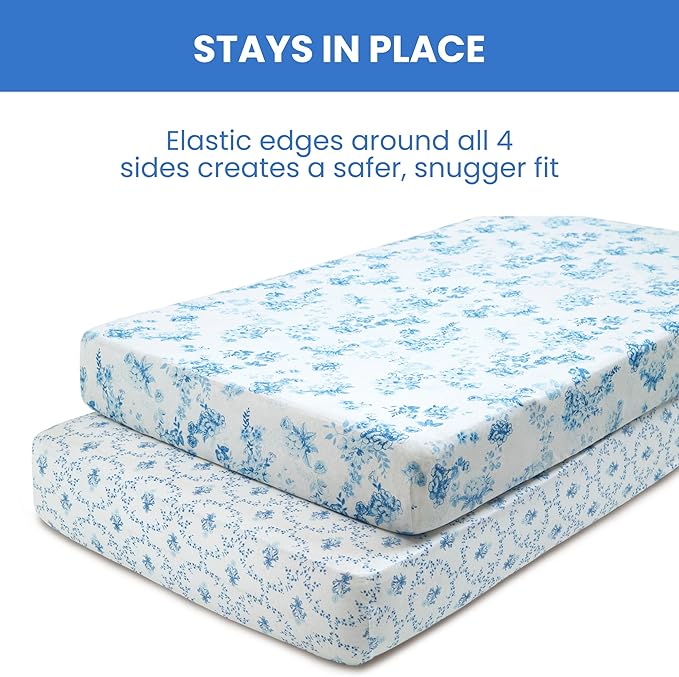Delta Children Fitted Crib Sheets for Girls and Boys - 100% Organic Cotton Crib Sheet for Standard Crib and Toddler Mattresses - 28x52 Inch - GOTS Certified (Pack of 2), Blue Botanicals