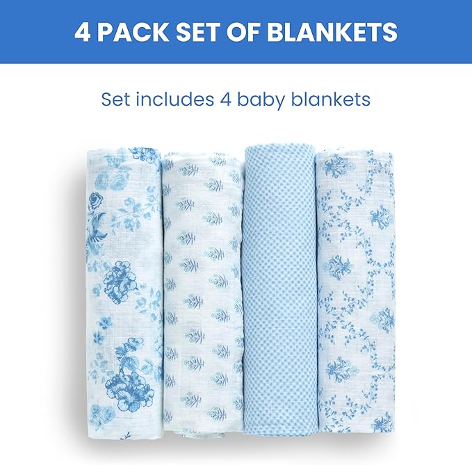 Delta Children 100% Cotton Muslin Baby Receiving Blankets for Girls and Boys – 47x47 Inches (Pack of 4), Blue Botanicals