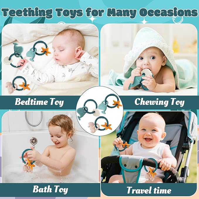 Silicone Teether Toys for Babies - 2ooya 3Pcs Summer Ocean Beach Themed Teething Ring, Baby Sensory Chew Toys with Rattles for Newborn Boy and Girl to Soothe Sore Gums, Baby Shower Birthday Gifts