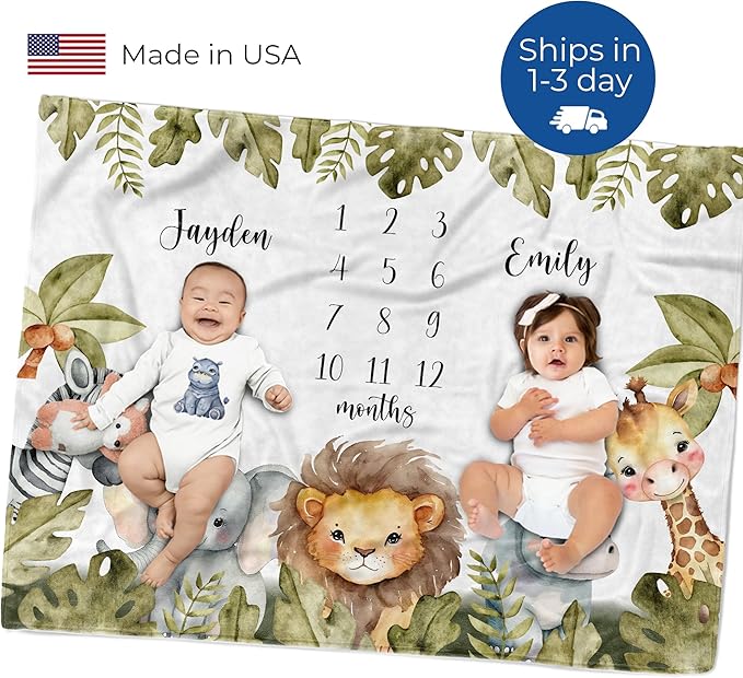 MDPrints Twin Milestone Baby Blanket, Custom Monthly Blankets for Twins Boys and Girls, Customized Gifts with Name (Twin Safari HPDK02)