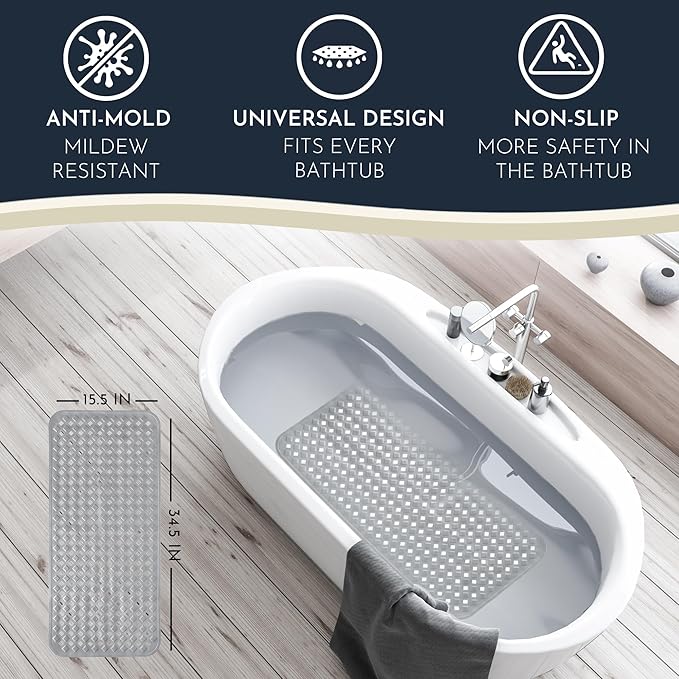 homerella® Bath Mat for Tub Non Slip Mold Resistant 35x16 - Shower Mat Non Slip Anti Mold - Bath Tub Mat Suction Cups incl. Hooks for Drying - Bathtub Mat Non Slip - ANI Slip Shower Mat Inside Tub