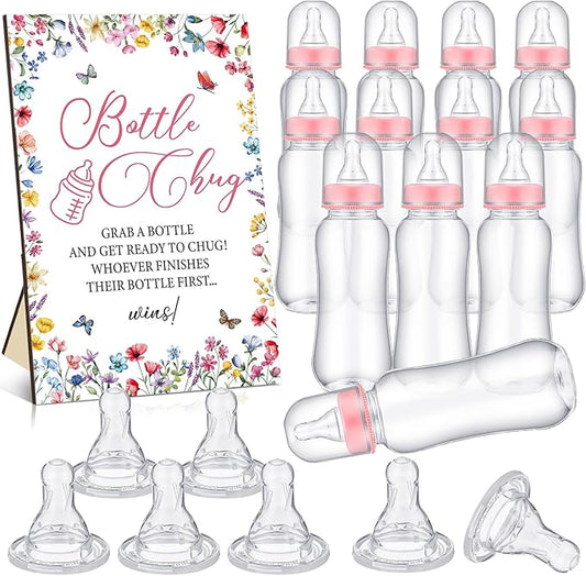 TrelaCo Wildflower Cool Baby Shower Games Wooden Bottle Chug Sign Wildflower in Bloom Gift Sets and 12 Pcs Baby Bottle Shower Favor for Wildflower Games Gender Reveal