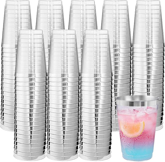supernal 200pcs Silver Plastic Cups,12oz Clear Plastic Cups Tumblers,Silver Rimmed Cup,Elegant Party Cup,Premium Disposable Cup,Clear Party Cup,Wine Glasses for Party