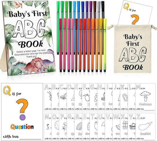 Geelin 51 Pcs Fun Baby Shower Game Activities First ABC Book Sign Coloring Game Card 26 Alphabet a to Z Coloring Card with 24 Watercolor Pen Storage Bag for Baby Shower Party(Dinosaur)