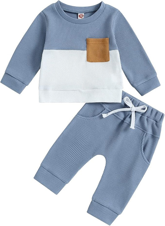 Kupretty Toddler Baby Boy Fall Winter Clothes Color Block Long Sleeve Sweatshirt Pullover Tops + Joggers Pants Outfit Set