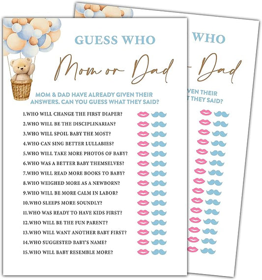 Bear Balloon 30 Guess Who Mom or Dad Game Cards, We Can Bearly Wait Gender Reveal Party Supplies Favors (5"x7") - E05