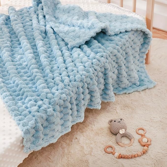 HOMRITAR 4 Pcs Baby Blanket for Unisex 3D Flannel Fleece Fluffy Blankets for Baby Soft Plush Breathable Bed Blanket for All Season Toddler Infant or Newborn 30 x 40 Inch (2 Pcs Blue, 2 Pcs Cream)