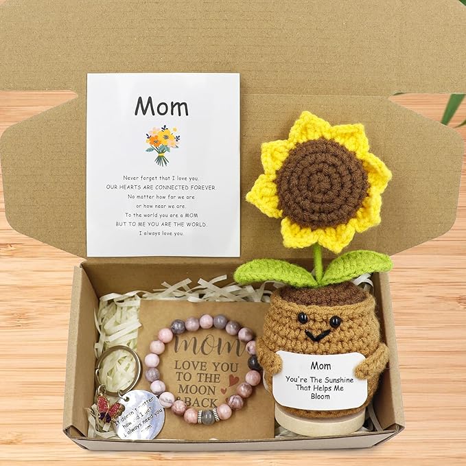 Lamyba Mom Gifts,Mothers Day Gifts for Mom,Birthday/Christmas/Valentine's Day Gift,Handmade Positive Sunflower Doll Crochet with Card,Keychains,Bracelet and Gift Card