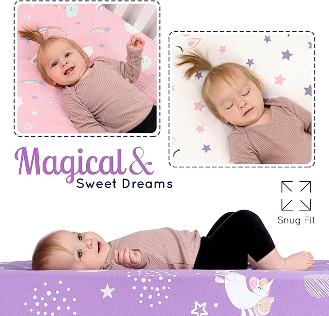 GROW WILD Unicorns & Rainbows Fitted Crib Sheets Girl (3 Pack) - Soft Jersey Cotton Fitted Sheet, Toddler Bed Mattress & Baby Crib Bedding Set for Girls, Baby Girl Nursery Crib - Pink, Purple & White