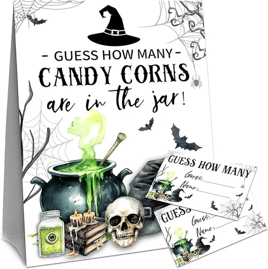 Halloween How Many Candy Corns Are In The Jar - 1 Standing Sign & 50 Guessing Cards - Halloween Witch Theme Party Game & Decoration For Boys, Girls, Adults - Baby Shower, Birthday Game Set - A07