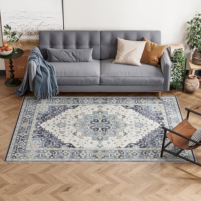 Dripex Vintage 5x7 Area Rugs - Large Washable Area Rug for Living Room Bedroom Oriental Medallion Floral Print Floor Carpet Low-Pile Indoor Soft Non-Slip Accent Rug Farmhouse Home Office Decor