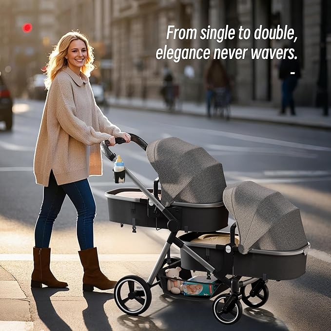 Double Stroller for Twins and Toddlers, Lightweight Aluminum Foldable Twin Stroller with Adjustable Backrest, Reversible Seat, 5-Point Harness, Storage Basket, Grey
