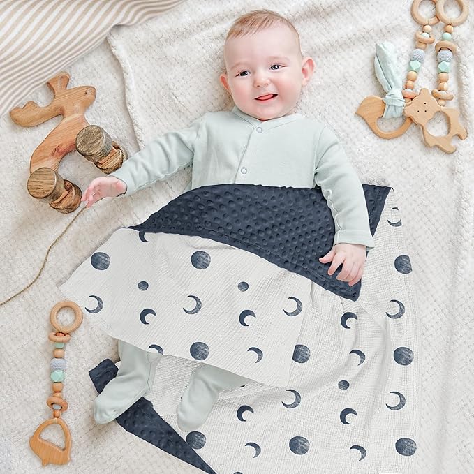 Bearmoss Baby Blankets for Unisex Boys Girls, Soft Nursery Crib Blankets with Muslin Cotton Front and Dotted Fleece Back for Newborns Toddlers 30x40inch (Blue Moon)