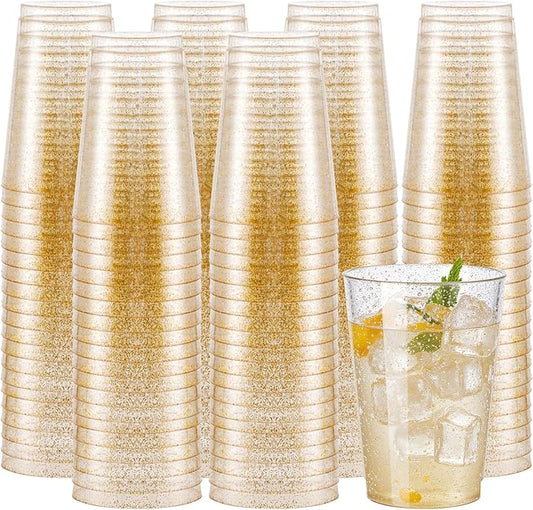 supernal 200pcs Gold Glitter Plastic Cups 12oz Disposable Cups with Glitter Elegant Clear Plastic Cocktail Glasses, Disposable Party Cups for Wedding, Birthday, Holiday Bridal Shower Decoration