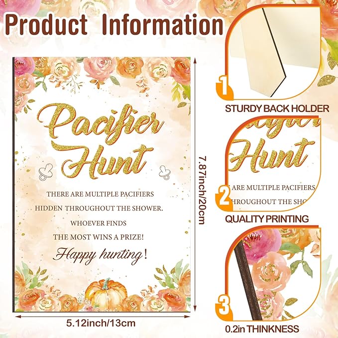Thyle 51 Pcs Pacifier Hunt Baby Shower Games Include Hunt Sign and 50 Acrylic Pacifiers for Baby Shower Game Decoration Gift Sets Gender Reveal Party Decor (Watercolor Pumpkin)