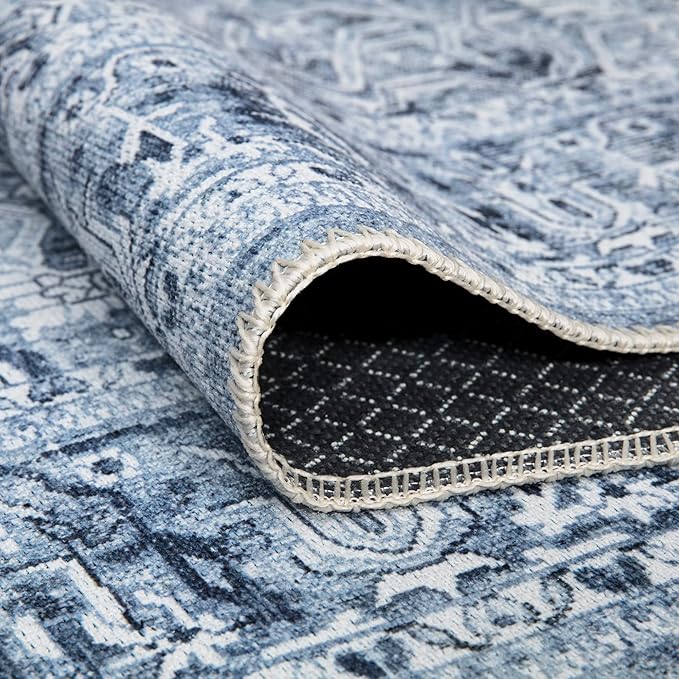 Bloom Rugs Washable Non-Slip 10 ft Runner - Ivory/Denim Blue Traditional Medallion Runner for Entryway, Hallway, Bathroom, and Kitchen - Exact Size: 2.5' x 10'