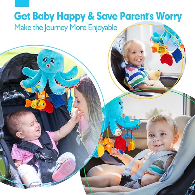 hahaland Baby Toys 0-6 Months - Car Seat Toys Octopus Toy with Pulling Cords, Squeaky, Crinkle, Rattle, Mirror, Montessori Newborn Sensory 4 Month Babies Gift Stroller Carseat Hanging Toy for Baby Gym
