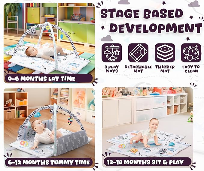 Baby Play Mat Tummy Time with Extra Mat - Baby Play Mats for Floor Activity Gym with Toys, Washable Tummy Time Mat Girl & Boy, Floor Play Mat for Babies 0 6 Months+, 43.7 x 39.8 x 20.5 Inches