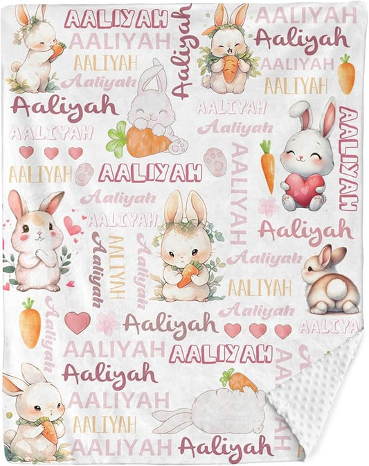 Custom Baby Blanket for Girls Rabbit Personalized Baby Blankets with Name Dotted Backing Customized Gifts for New Mom Customize Baby Blanket for Kids Newborn Birthday Pink
