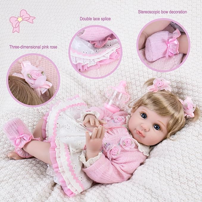 Aori Reborn Baby Dolls 22 Inch - Realistic Baby Doll for Kids 3+ Years - Lifelike Newborn Baby Girl with Pink Outfit - Handmade Cloth Body Reborn Toddler for Gift, Collection & Role Play