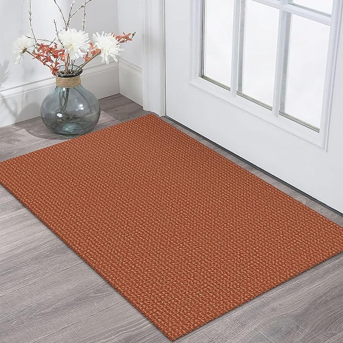 KOZYFLY Indoor Door Mat 2x3 ft Small Area Rugs Washable Front Door Mat Non Slip Rubber Backed Entryway Rug Cotton Entrance Doormat for Front Porch Bathroom Kitchen Bedroom, Orange/Tan