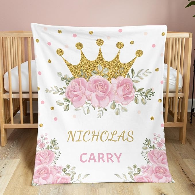 Personalized Baby Blanket for Girls Floral Crown Custom Baby Blankets with Name Dotted Backing Customized Gifts for New Mom Customize Baby Blanket for Kids Newborn Birthday