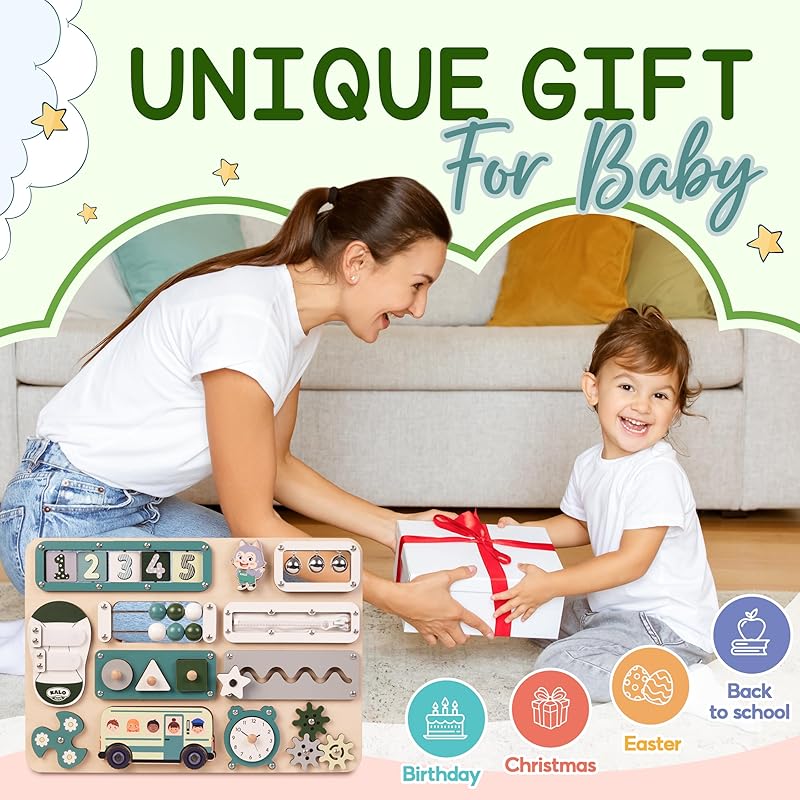 Large Busy Board Montessori Toys for 1 2 3 Year Old - Sensory Toys for Toddlers 1-3 - Fine Motor Skills & Early Learning - Montessori Gift for Boys & Girls - Travel-Friendly & Safe (Green)