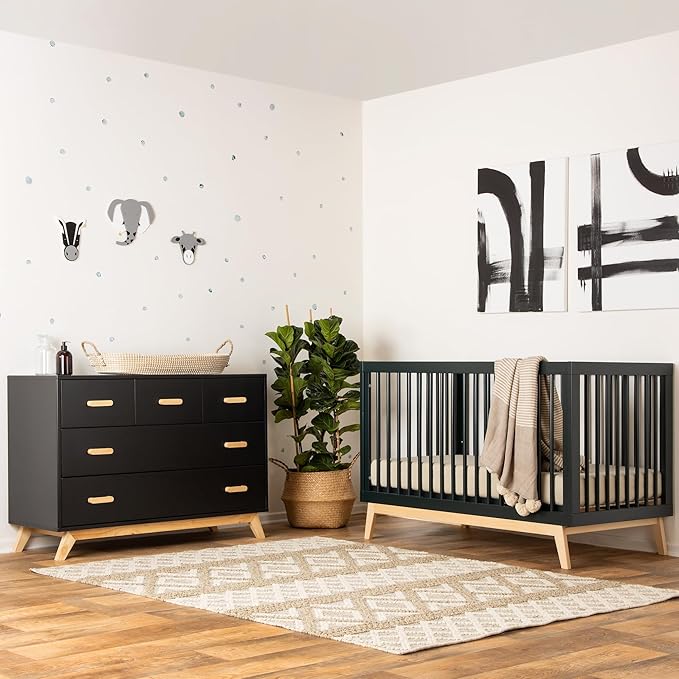 dadada Baby Soho 3 in 1 Convertible Wooden Crib to Toddler Bed - Made in Italy, GREENGUARD Gold Certified, Baby-Safe Finish, Sustainable Beech Wood, Modern Design, 3 Adjustable Heights (Black/Natural)