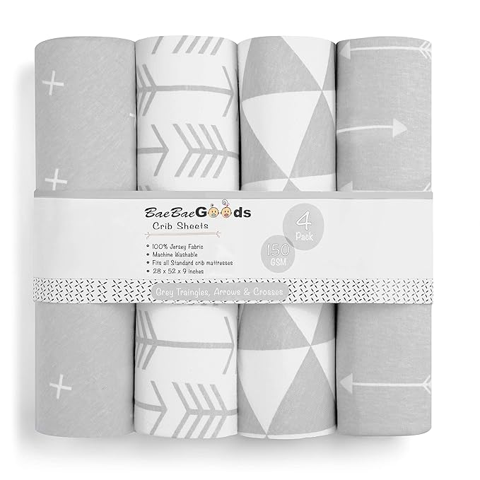 BaeBae Goods Crib Sheets for Baby Boys and Girls, 4 Pack, Soft and Breathable Jersey Knit Fitted Sheet Set, Cute Gender Neutral Nursery Mattress Bedding, Universal Fit (Grey Triangles)
