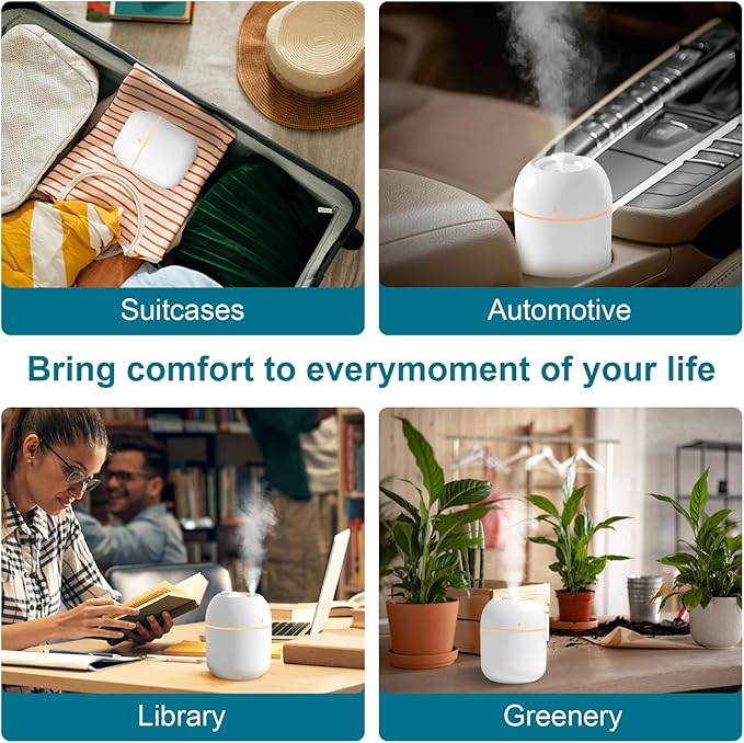 Portable Small Humidifier, USB Personal Desktop Humidifier for Car, Office Room, Bedroom, Auto Shut-Off, 2 Mist Modes, Super Quiet(220ml, White)