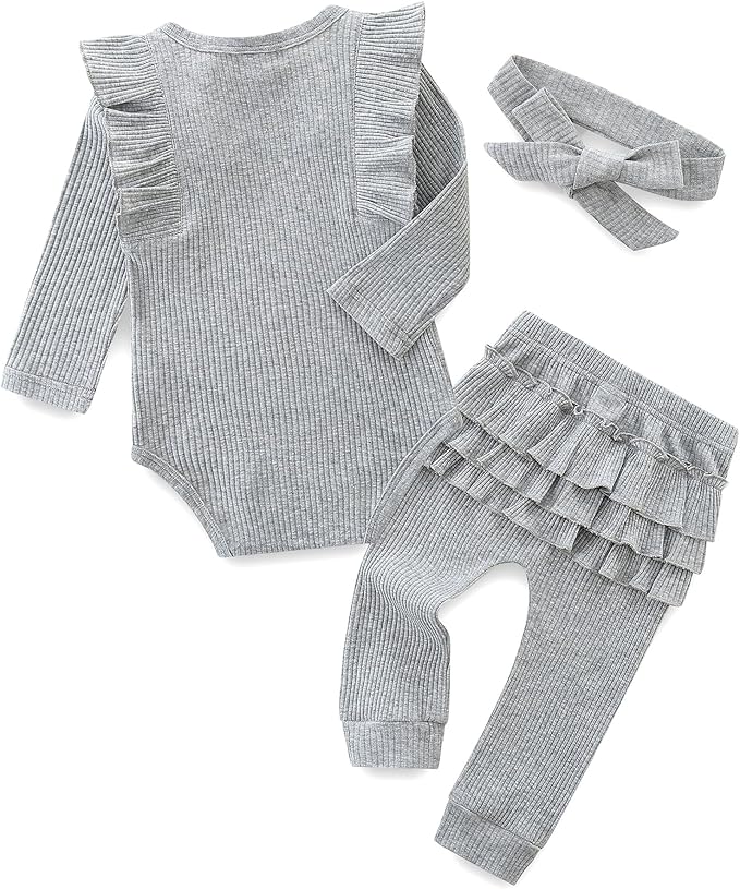 Fullfamous Baby Girl's 3pc Rib Frill Long Sleeve Romper and Pant Set