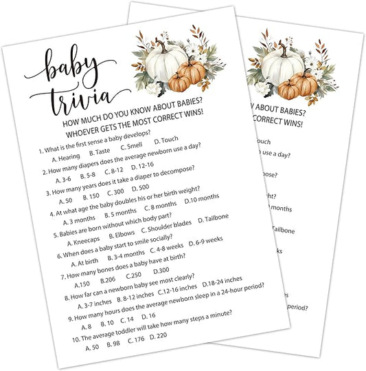 Fall Baby Shower Games, Baby Trivia Themed Gender Reveal Party Game, Fall Festival Games Cards With Pumpkin Design, Boho Baby Shower Games, Thanksgiving Party Supplies -02