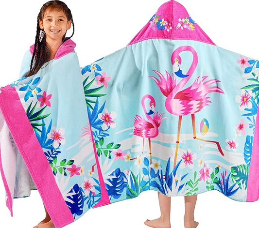 VOOVA & MOVAS Flamingo Hooded Towels for Girls Age 3-10, 30''X50, Soft | Thick |100% Cotton | Absorbent Wrap Towel, Perfect for Beach, Pool, Bath, Swim, Tropical Flamingo