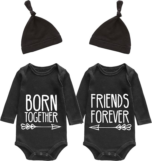 YSCULBUTOL Baby Twins Bodysuits Best Friends Forever Baby Clothes Set with Bibs Girl Outfit with hat