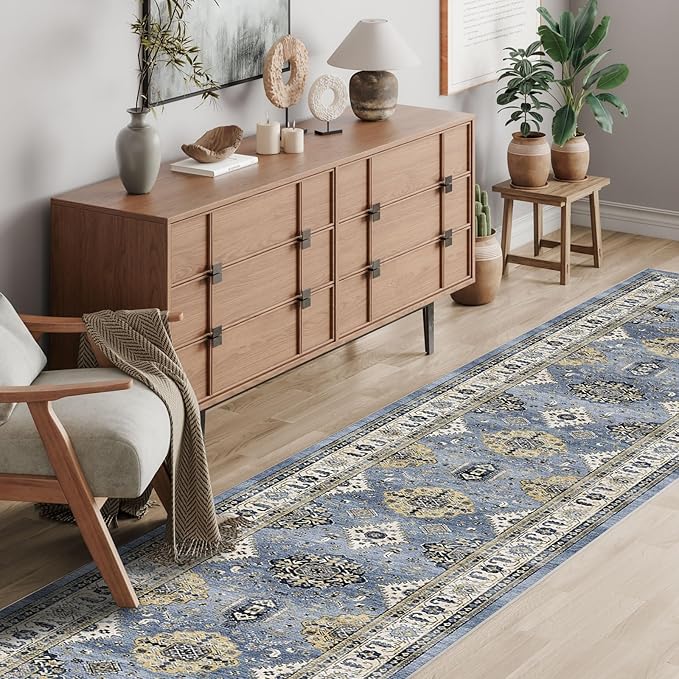 Dripex Hallway Runner Rug 2x10, Washable Rug Kitchen Rug Non Slip with Rubber Backing Soft Thin Vintage Carpet Runner for Entryway Bedroom Bathroom Laundry Room Living Room Decor, Blue Cream Multi