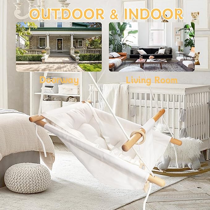 Baby Swing Outdoor Indoor for Infants to Toddlers, Portable Adjustable Baby Porch Swing with 5-Point Safety Belt, Kids Tree Hanging Chair Toys for Door Garden Backyard