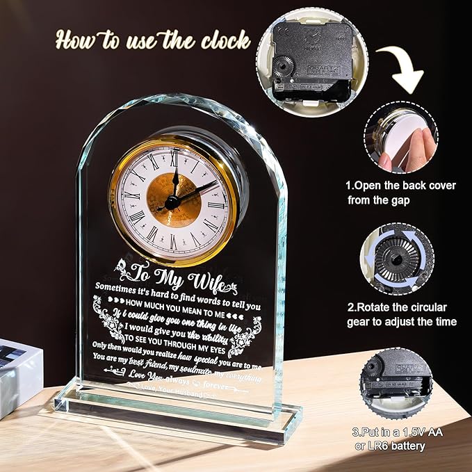 Glass Clock Gifts for Wife from Husband Unique Personalized Gift Idea for Wife Who Has Everything on Birthday Anniversary Presents for Her Home Decor
