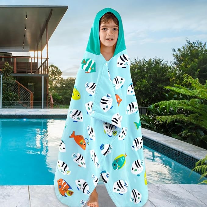 VOOVA & MOVAS Kids Beach Towels with Hood,(3-10 Years, 30''X50),Absorbent 100% Cotton Towel Wrap for Boys, Perfect for Toddler Beach, Pool, Bath, Swimming, Fish