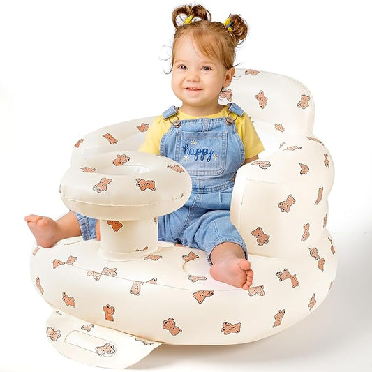 Inflatable Baby Seat with Tray, Comfortable Sit Me Up Baby Chair for Learning to Sit, Built in Air Pump Blow Up Floor Seat with Back Support 3 Months & Up (Biscuit Bear with Tray)