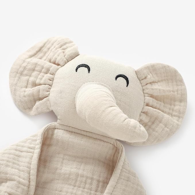 Organic Elephant Lovey, Muslin Security Blanket for Babies, Elephant Baby Stuffed Animal, Snuggle Toy, Gift for Boys and Girls (Khaki)