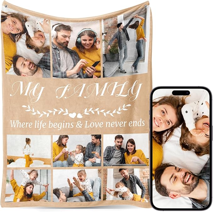 Custom Personalized 9 Photo Collage Blanket Thow Gifts with Text, Customized Pictures Blankets Gift for Christmas Birthday Thanksgiving Adults Kids Dad Mom Girlfriend Boyfriend (9 Family)
