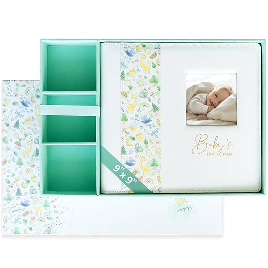 Keepsake Baby Memory Book With Box - Timeless Leather-Bound Milestone Book | Photo Memory Box to Record Baby Shower to Age 5 - Beautiful Gift for Girls and Boys