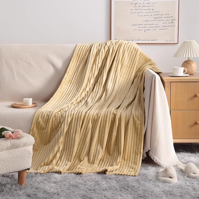 NTBAY Plush Flannel Twin Bed Blanket, 60X80 Inches Soft and Warm Lightweight Bed Blanket with Striped Texture Bed Blanket for Couch Sofa Bed All Seasons, 60"x80", Khaki