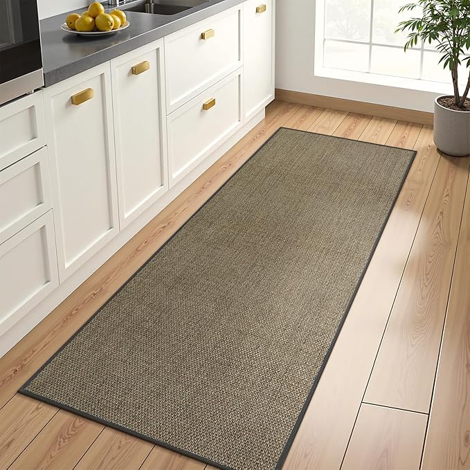 Wonnitar Farmhouse 2x6 Hallway Runner Rug Non Slip Rubber Backed Kitchen Runner, Washable Neutral Absorbent Braided Rugs Carpet Runner for Bedroom Kitchen Bathroom Hallway(Grey/Khaki,2'x6')