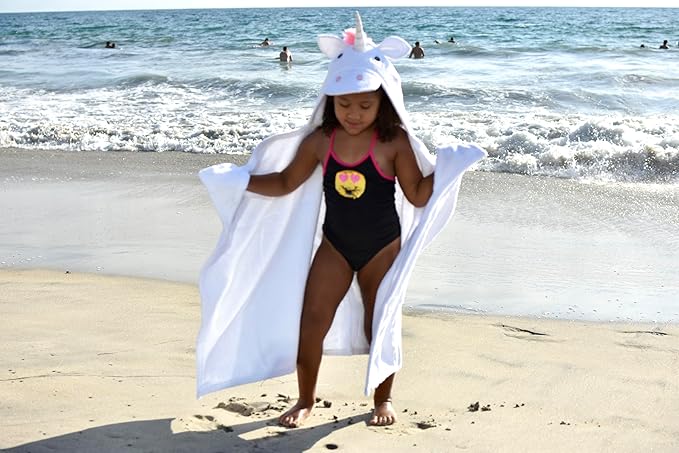Hooded Baby Towel for Kids 2-8 | Large 100% Cotton Baby Towel for Girls or Boys in White | Cute Unicorn Bath Towels for Babies and Toddlers with Rainbow Mane