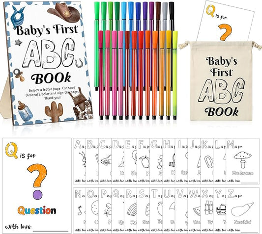 Geelin 51 Pcs Fun Baby Shower Game Activities First Abc Book Sign Coloring Game Card 26 Alphabet a to Z Coloring Card with 24 Watercolor Pen Storage Bag for Baby Shower Party(Cowboy)