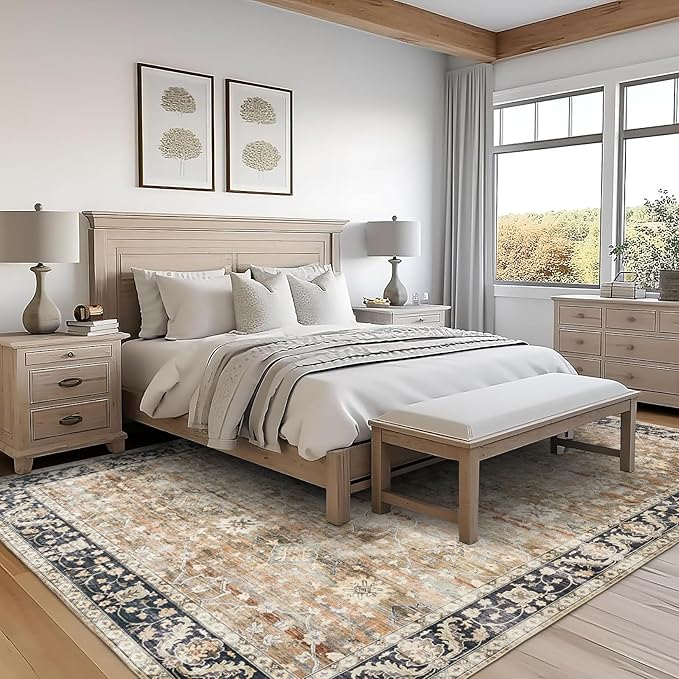 ReaLife Rugs Machine Washable Area Rug - Living Room Bedroom Bathroom Kitchen Entryway Office - Padded Low Pile Stain Resistant Premium - Boho Farmhouse Vintage - BEV - Beige Tan Brown 4' x 6'