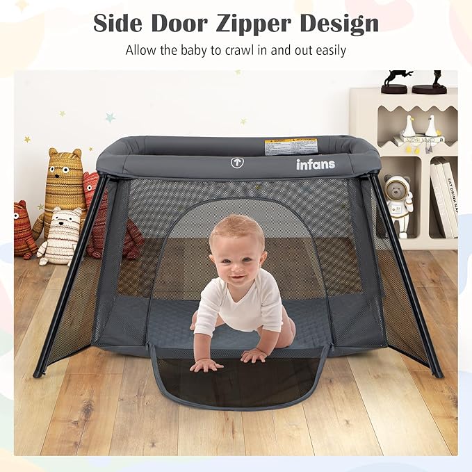 INFANS Travel Crib, Portable Baby Playpen with Removable Bassinet Soft Mattress Carry Bag, Foldable Lightweight Playard Nursery Center for Newborns Toddlers (Dark Gray)