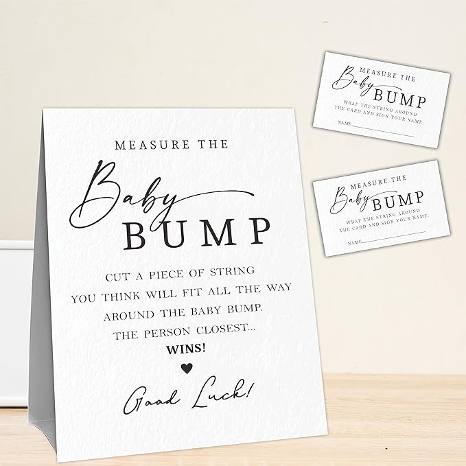 Minimalism Baby Shower Measure The Baby Bump, Measure Mommy's Belly Game Set - 1 Self-Standing Sign And 50 Tickets - Gender Reveal, Baby Shower, Baby Announcement Activity & Party Favor Supplies - A06